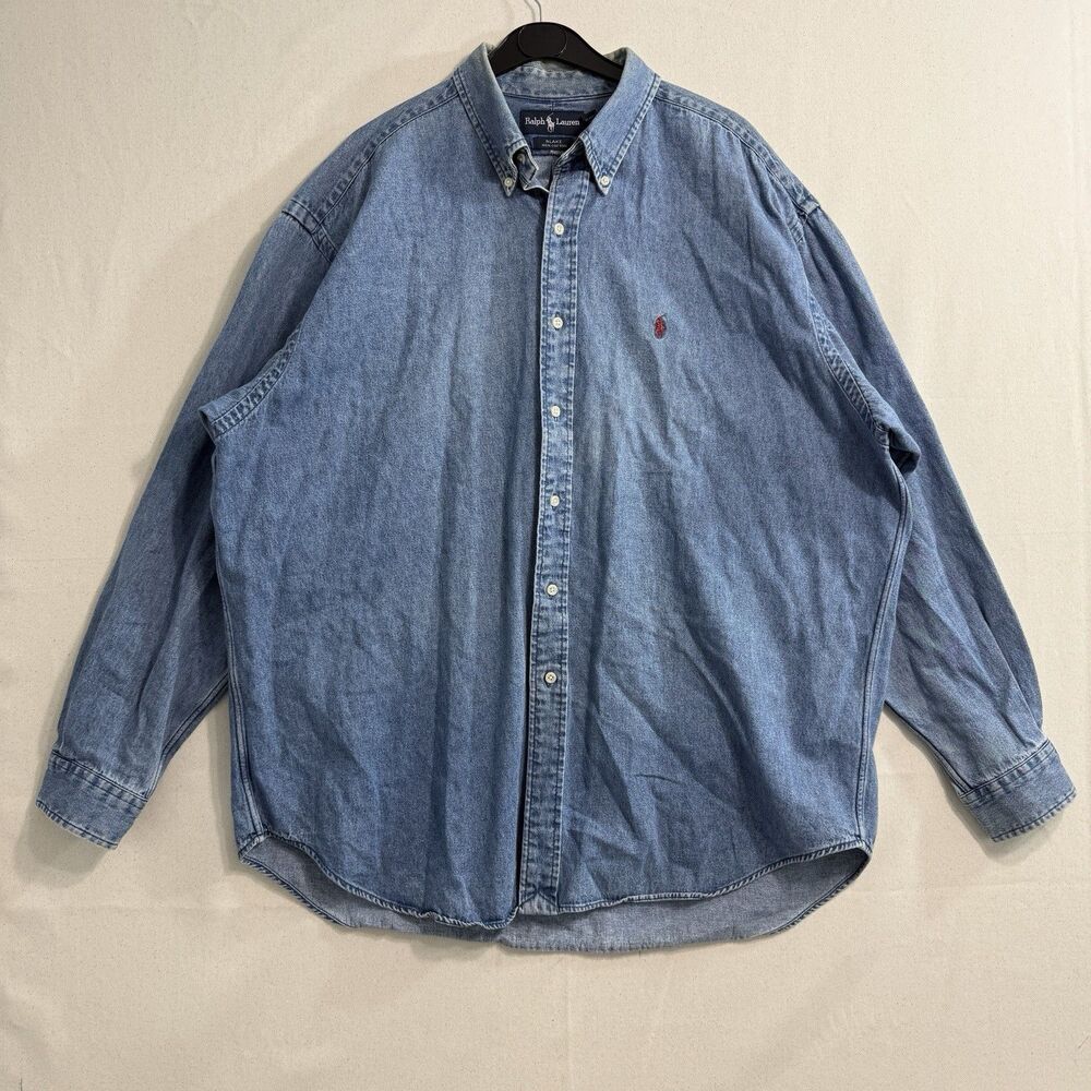 Vintage 90s Ralph Lauren Blake Denim Shirt Mens XL Blue Red Pony Cotton